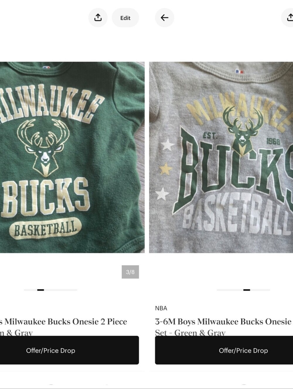 3-6M Boys Milwaukee Bucks Onesie 2 Piece Set - Green & Gray